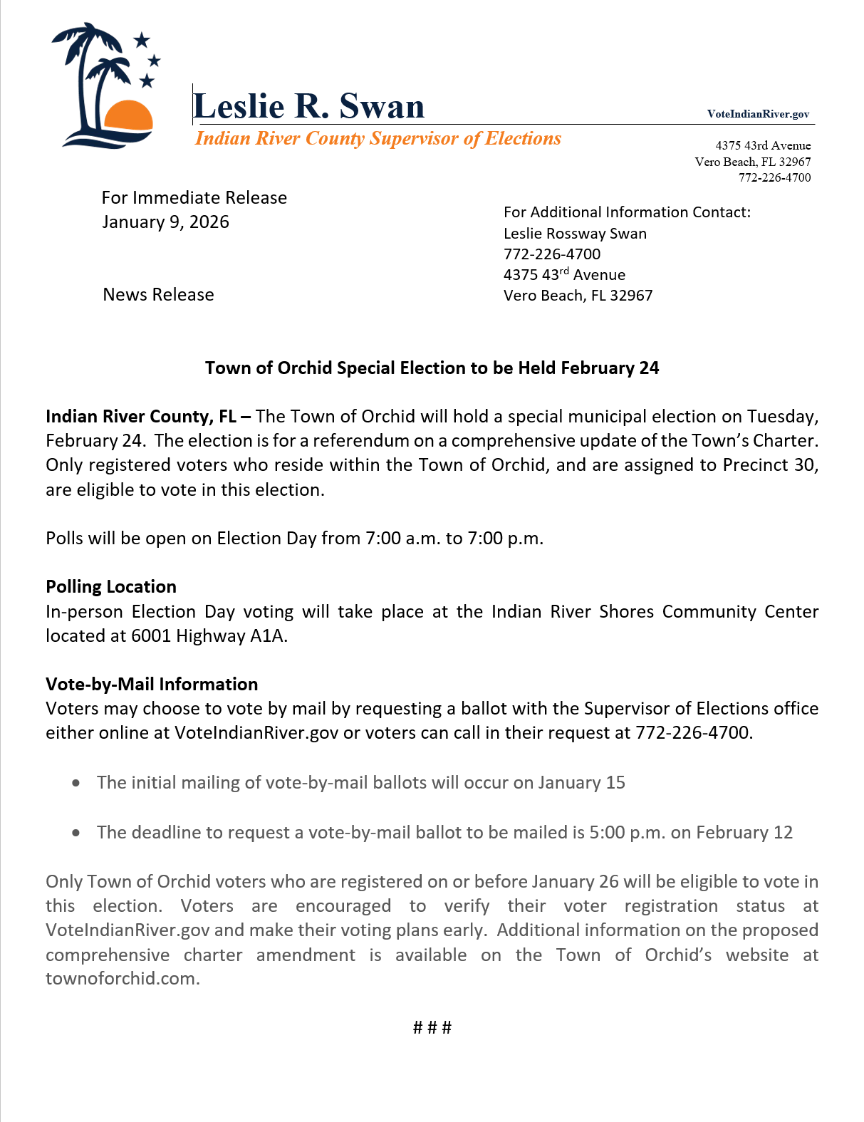 Press Release: Town of Orchid Special Election to be Held February 24